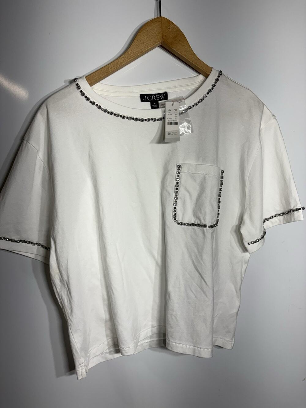 J.Crew crop shirt. white with crystals around collar, sleeves and pocket Size M